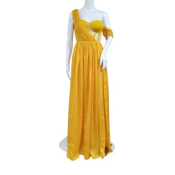 Miss Circle Back In Style Silk Pleated Corset Slit Maxi Dress Yellow XXS NWT - Picture 2 of 15